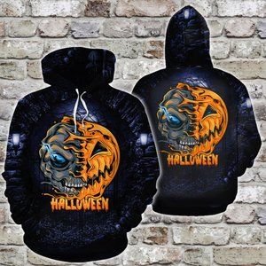 Happy halloween half pumpkin half skull hoodie 3d
